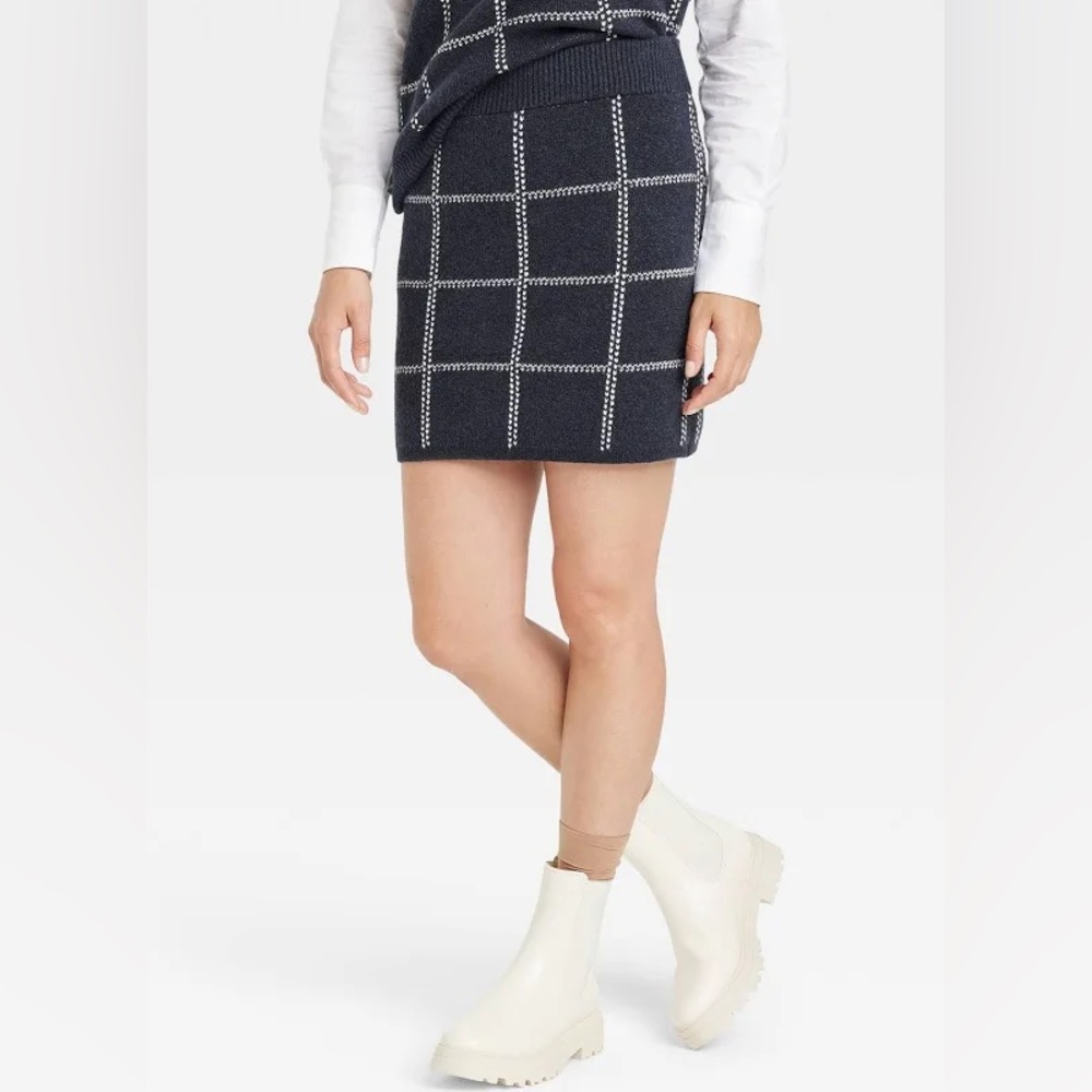 a new day Navy and White Plaid Pencil Skirt